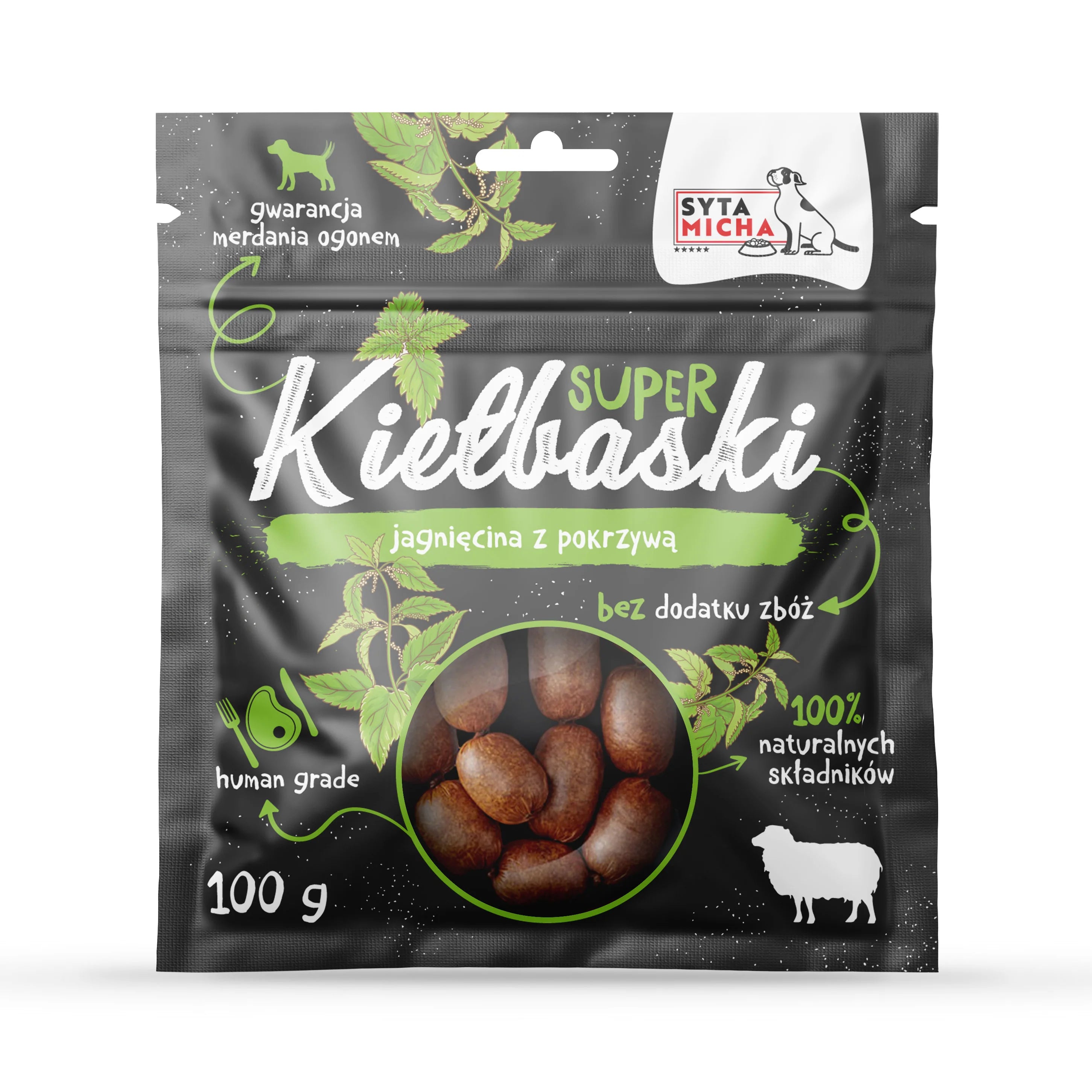 Super kiełbaski dla psa z jagnięciną i pokrzywą  100g