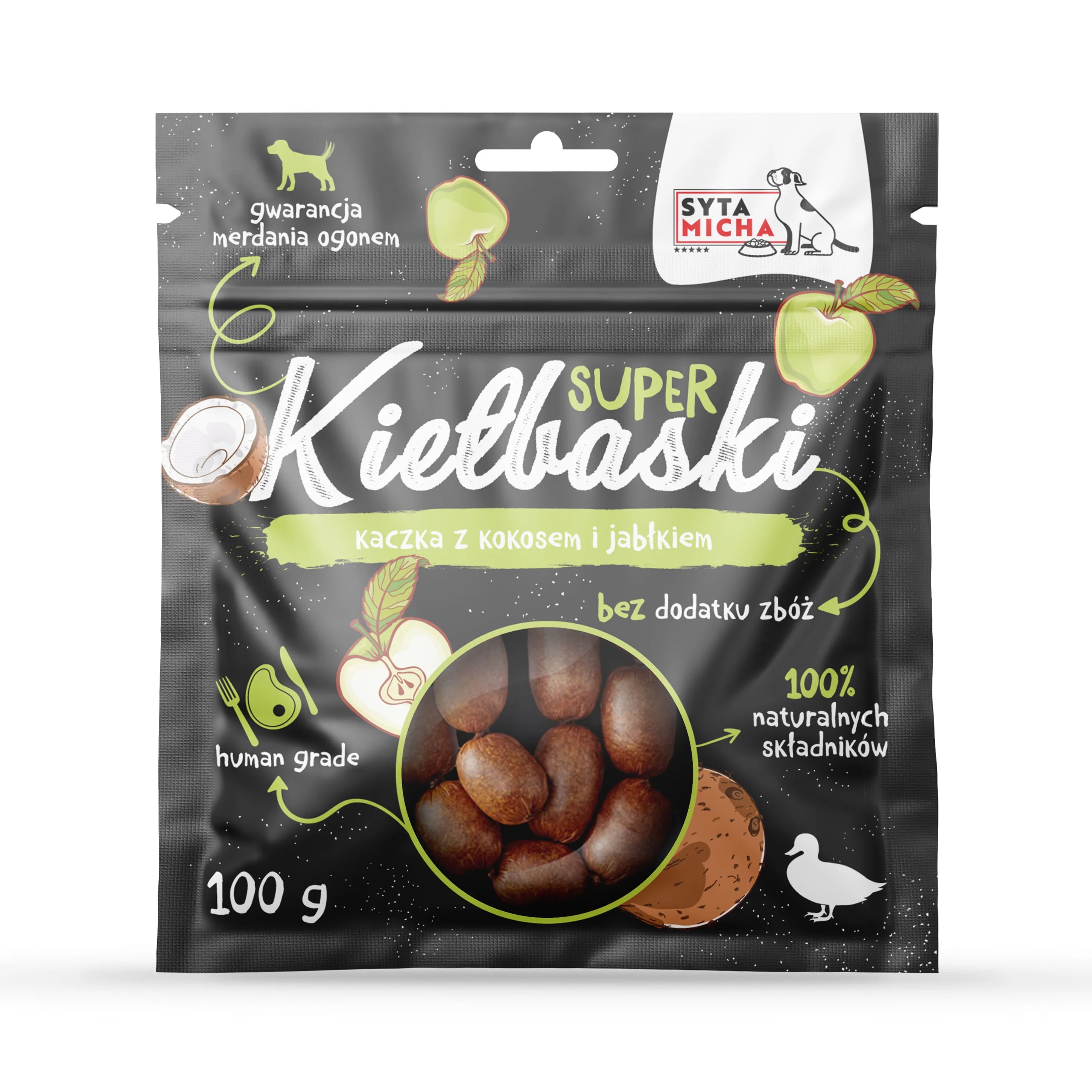 Super kiełbaski dla psa z kaczką, kokosem i jabłkiem 100g