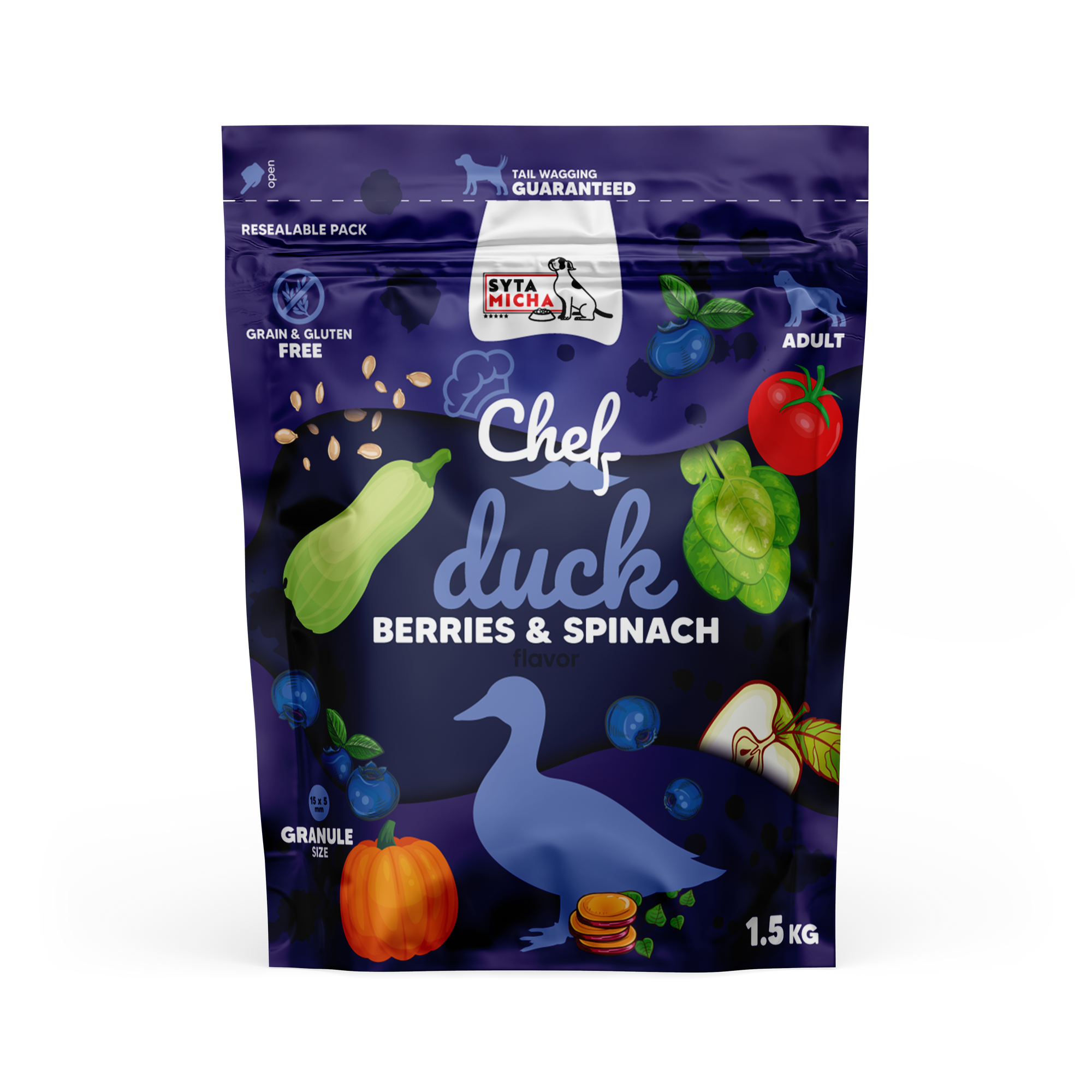 Droog hondenvoer Eend, bessen en spinazie 1.5kg