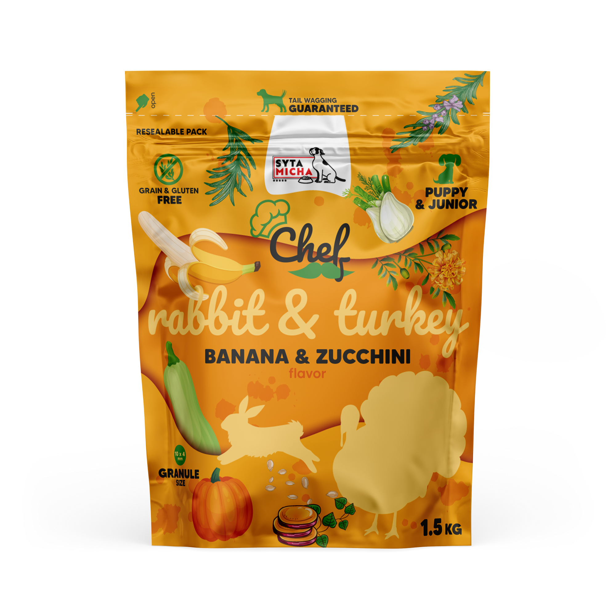 Droogvoer voor puppy's Konijn en kalkoen, banaan en courgette 1.5kg