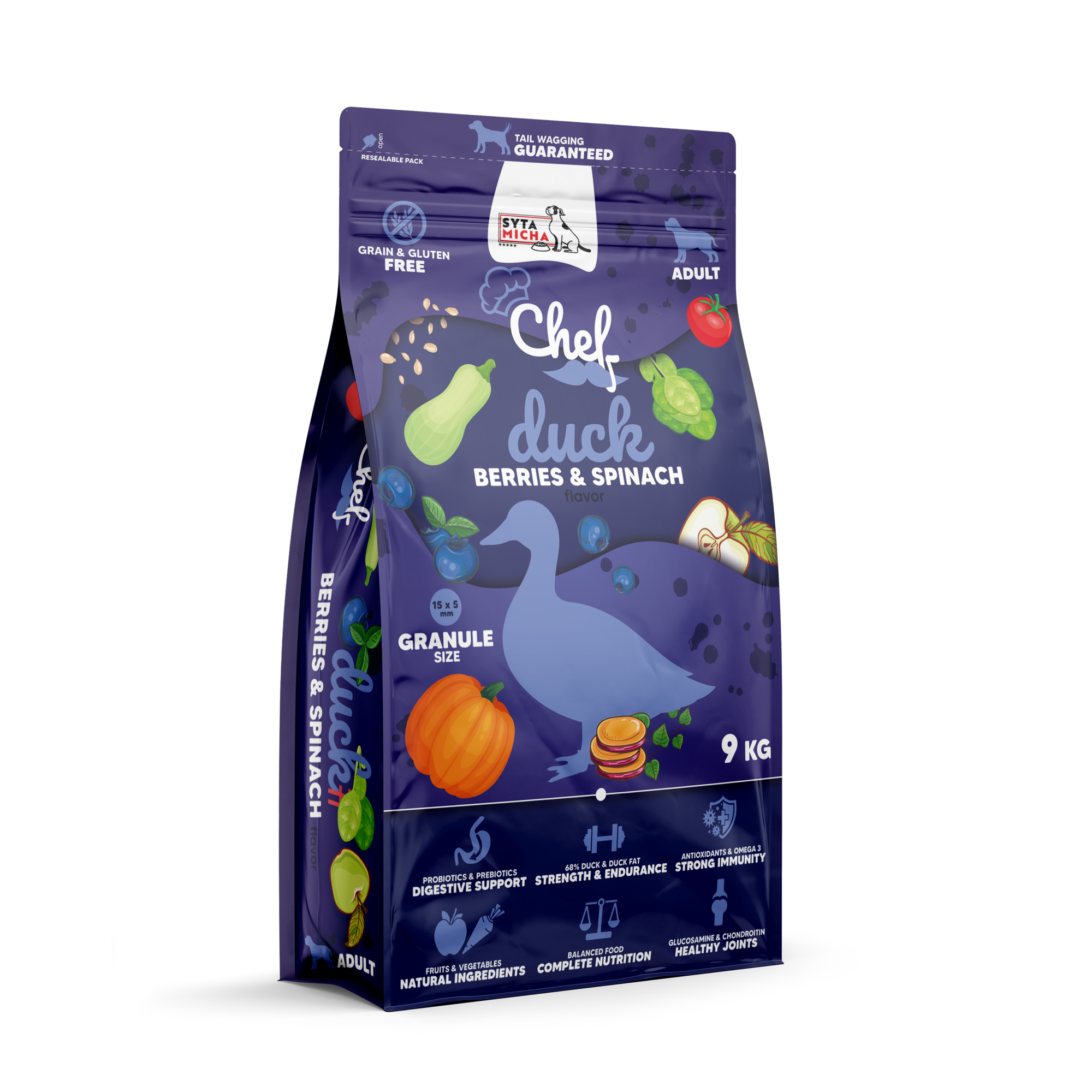 Sucha karma dla psa Kaczka, jagody i szpinak 9kg