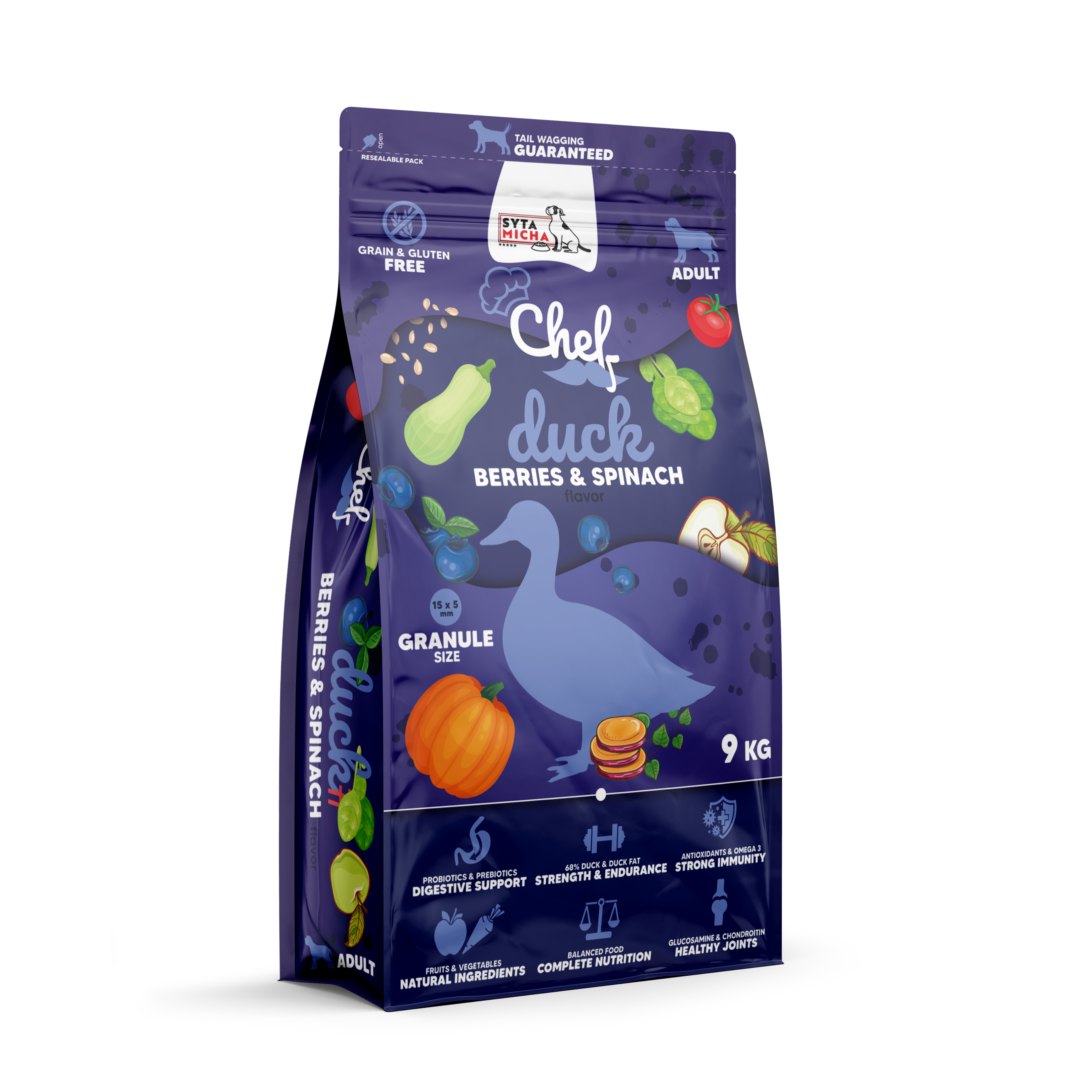 Sucha karma dla psa Kaczka, jagody i szpinak 9kg