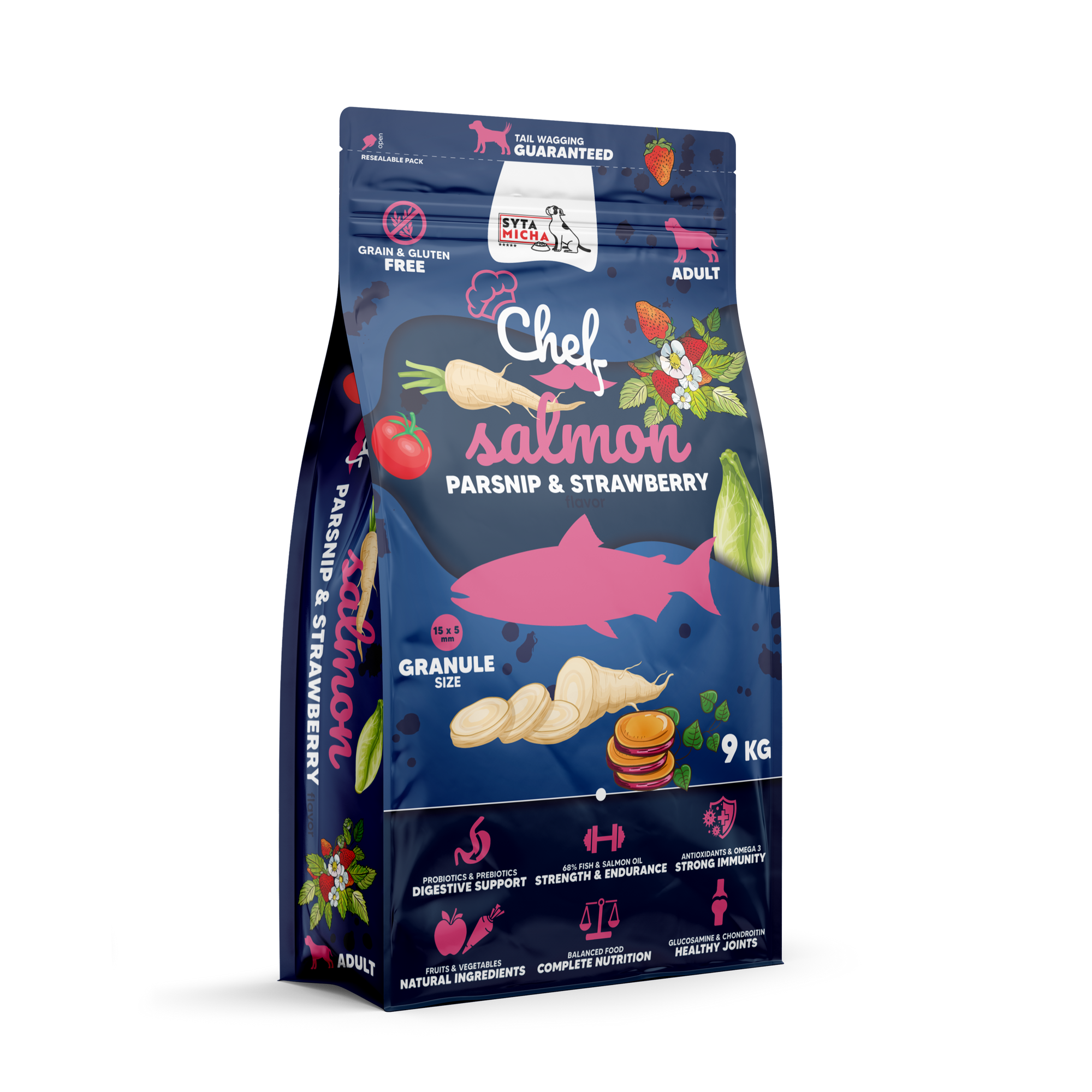 Száraz kutyatáp Lazac, paszternák és eper 9kg