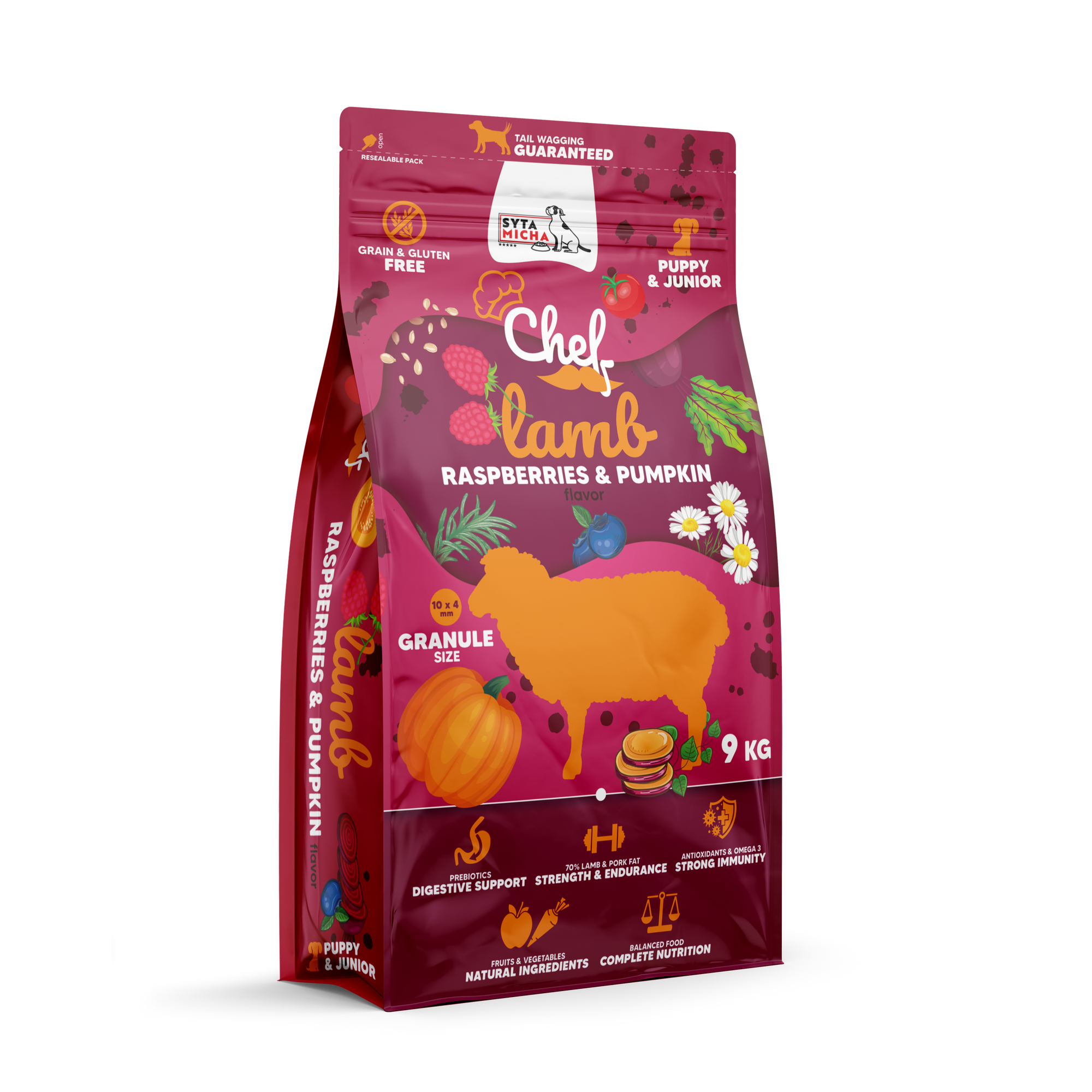 Száraz kutyaeledel kölyköknek Bárány, málna és tök 9kg