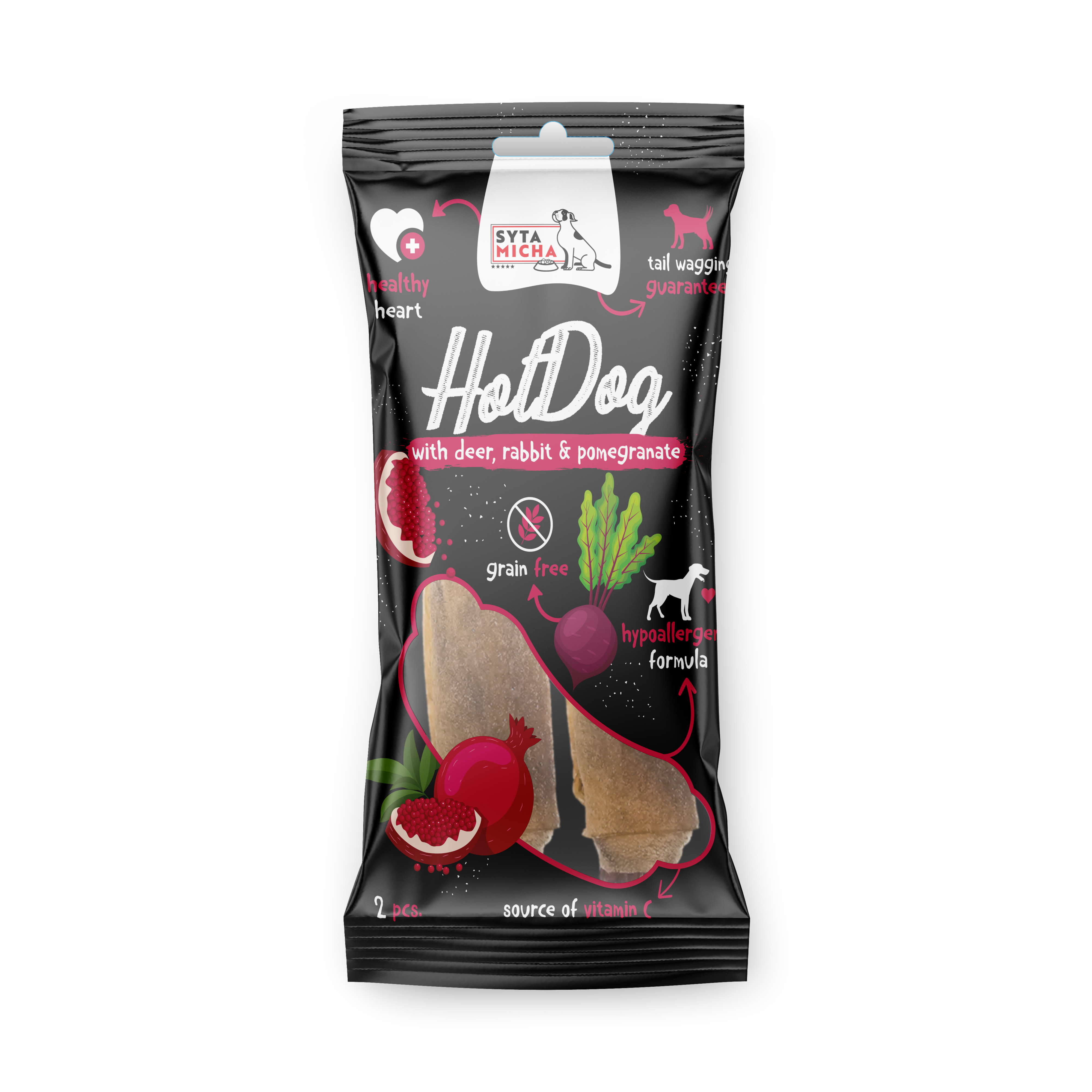 Kauw Hot Dog voor hond - konijn met granaatappel in hertenhuid 2 stuks