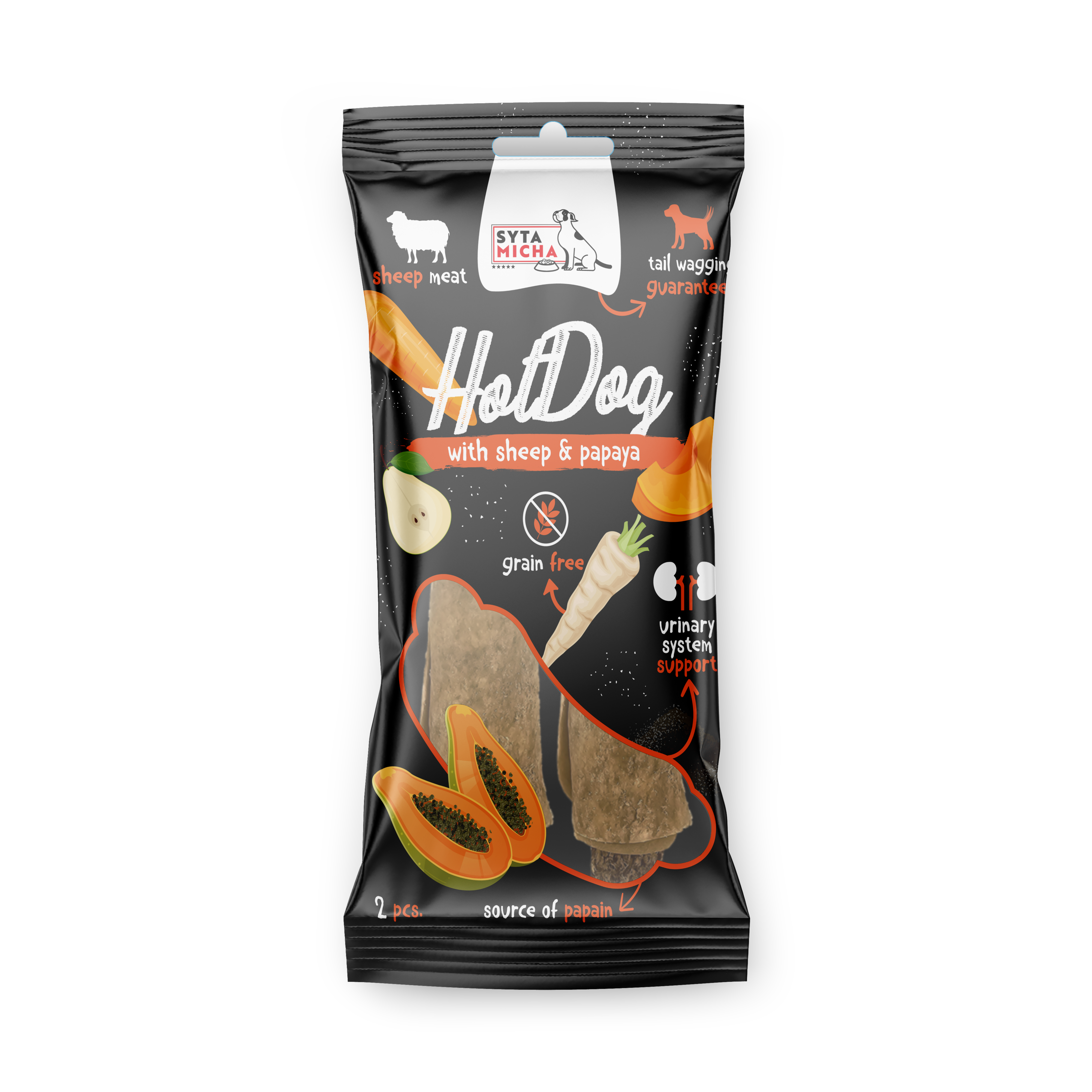 Hot Dog do żucia dla psa - warzywny z papają w skórze owcy 2 szt.