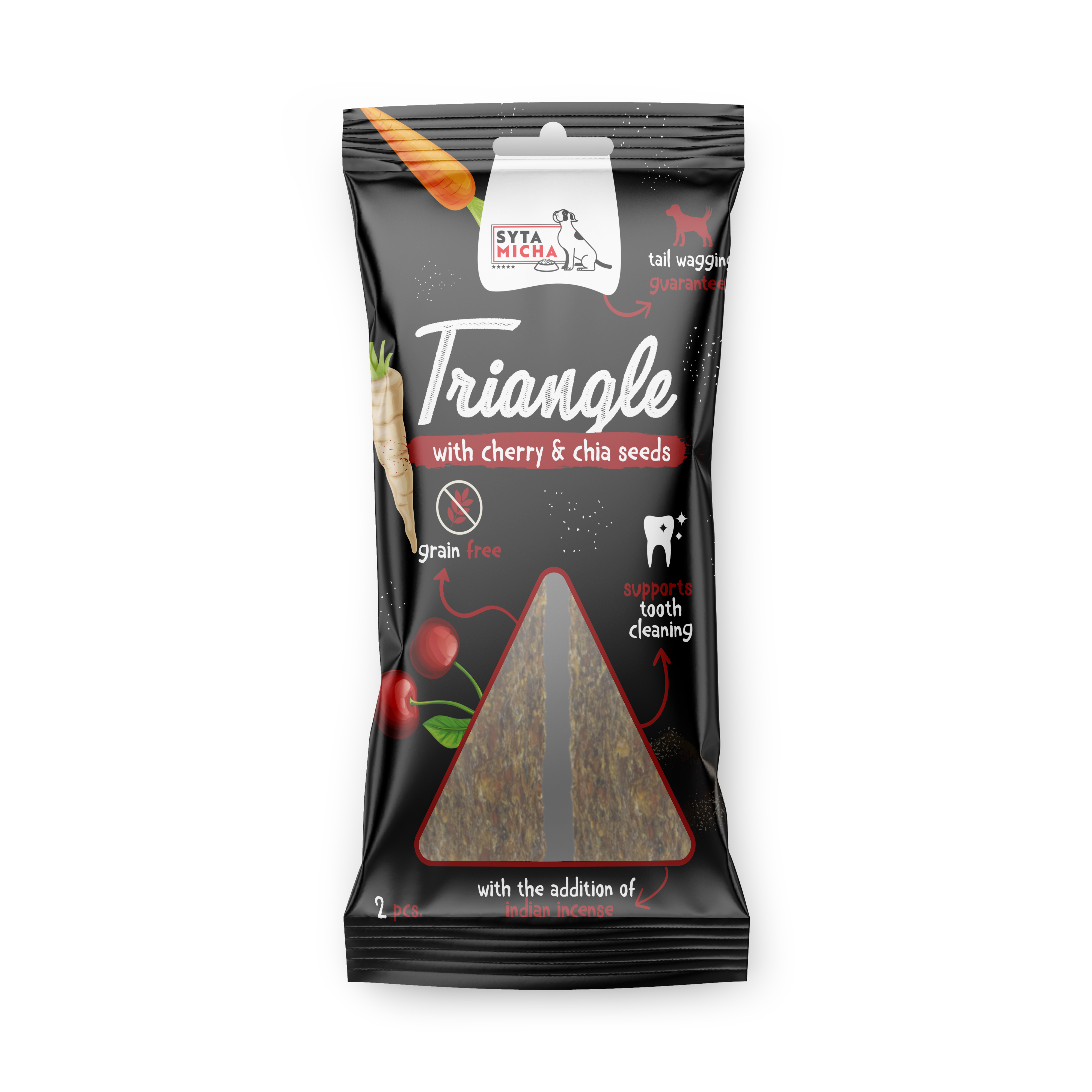 Trójkąt do żucia dla psa - struś z wiśnią i nasionami chia 2 szt.