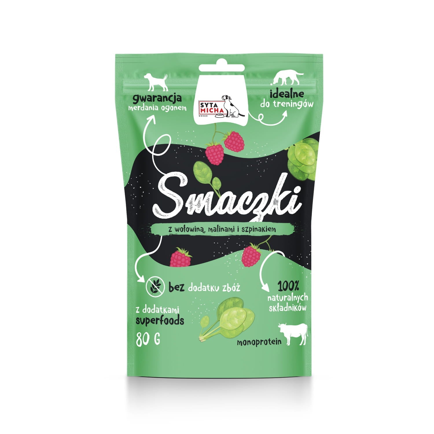Smaczki dla psa z wołowina, malinami i szpinakiem 80g