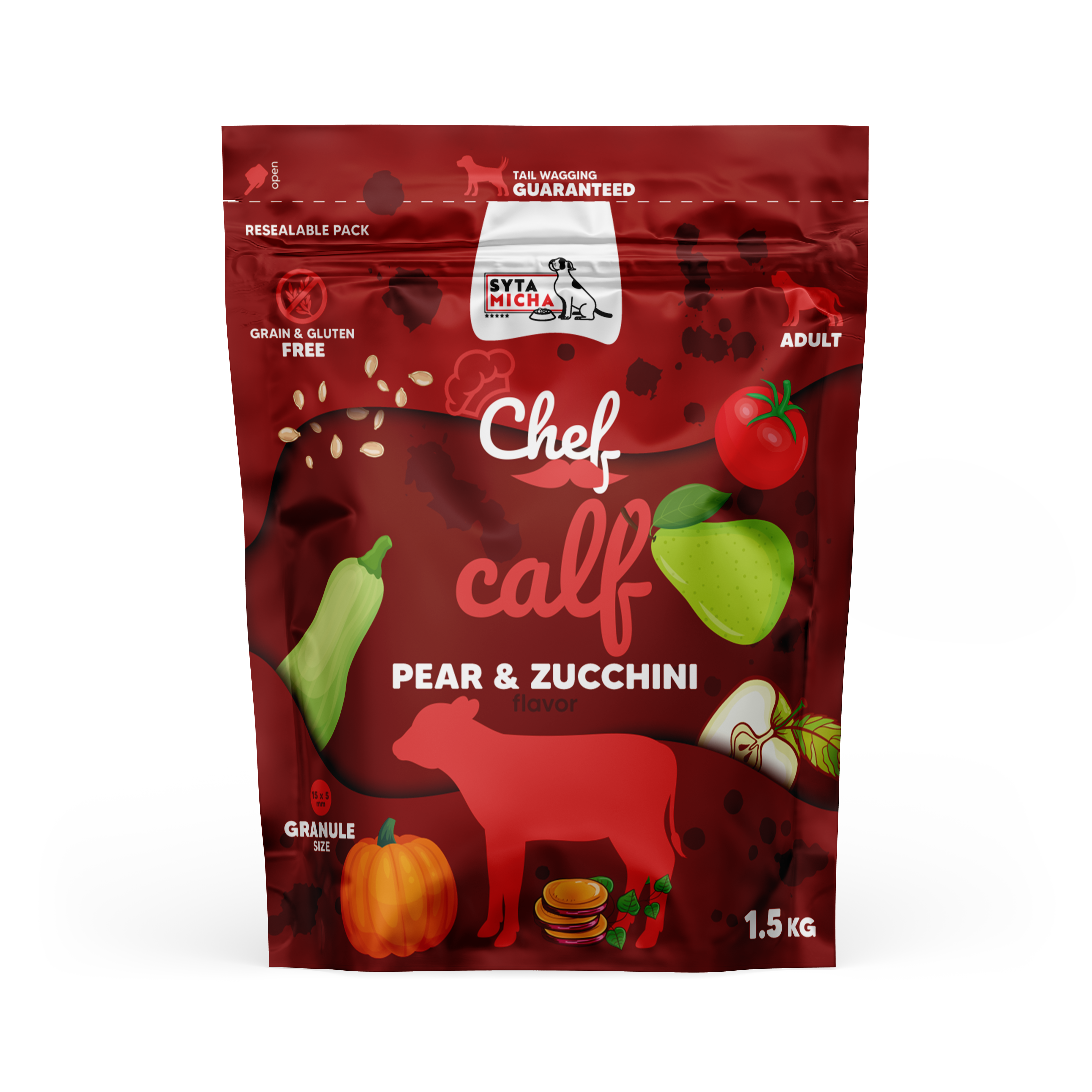 Droog hondenvoer Kalfs vlees, peer en courgette 1.5kg