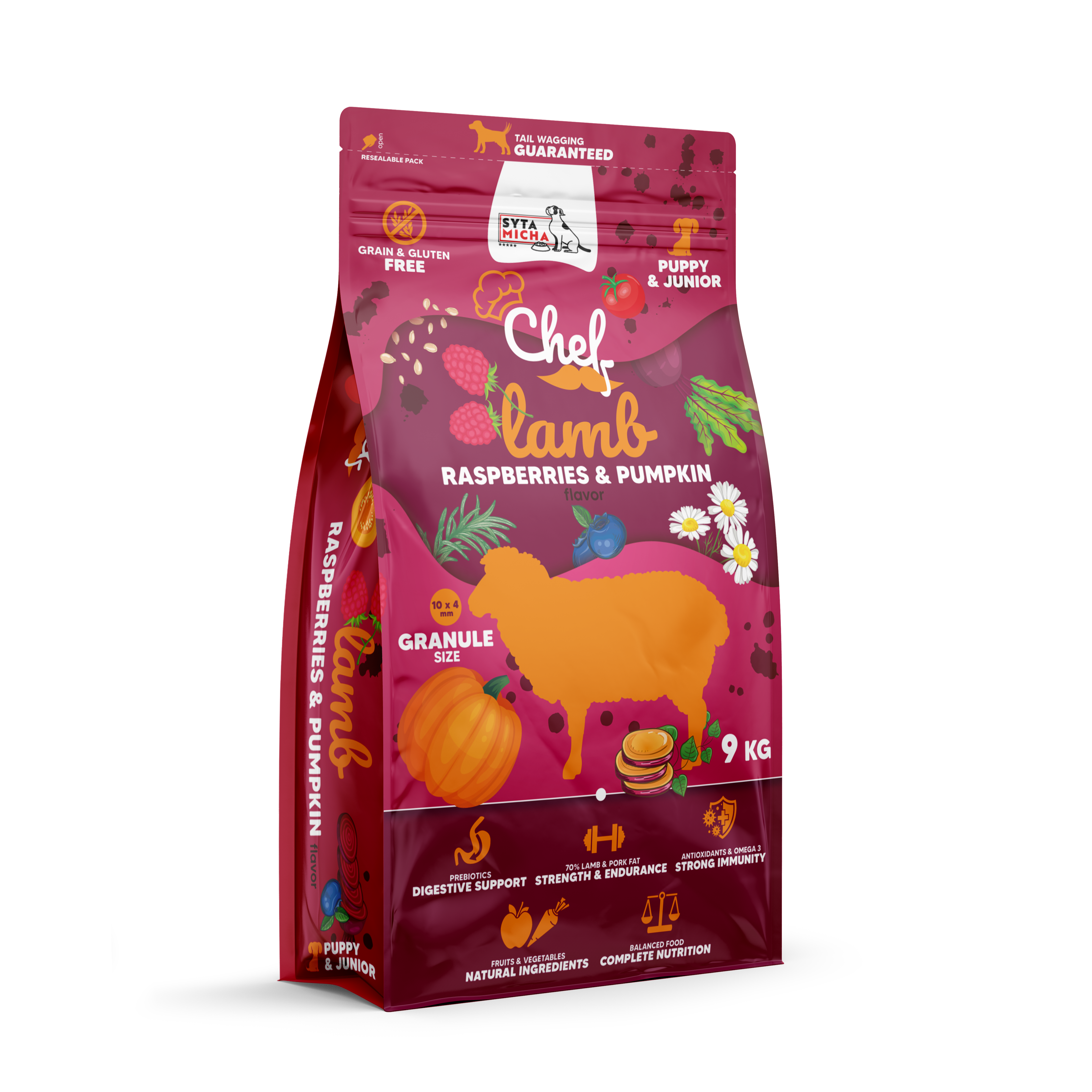 Száraz kutyaeledel kölyköknek Bárány, málna és tök 9kg