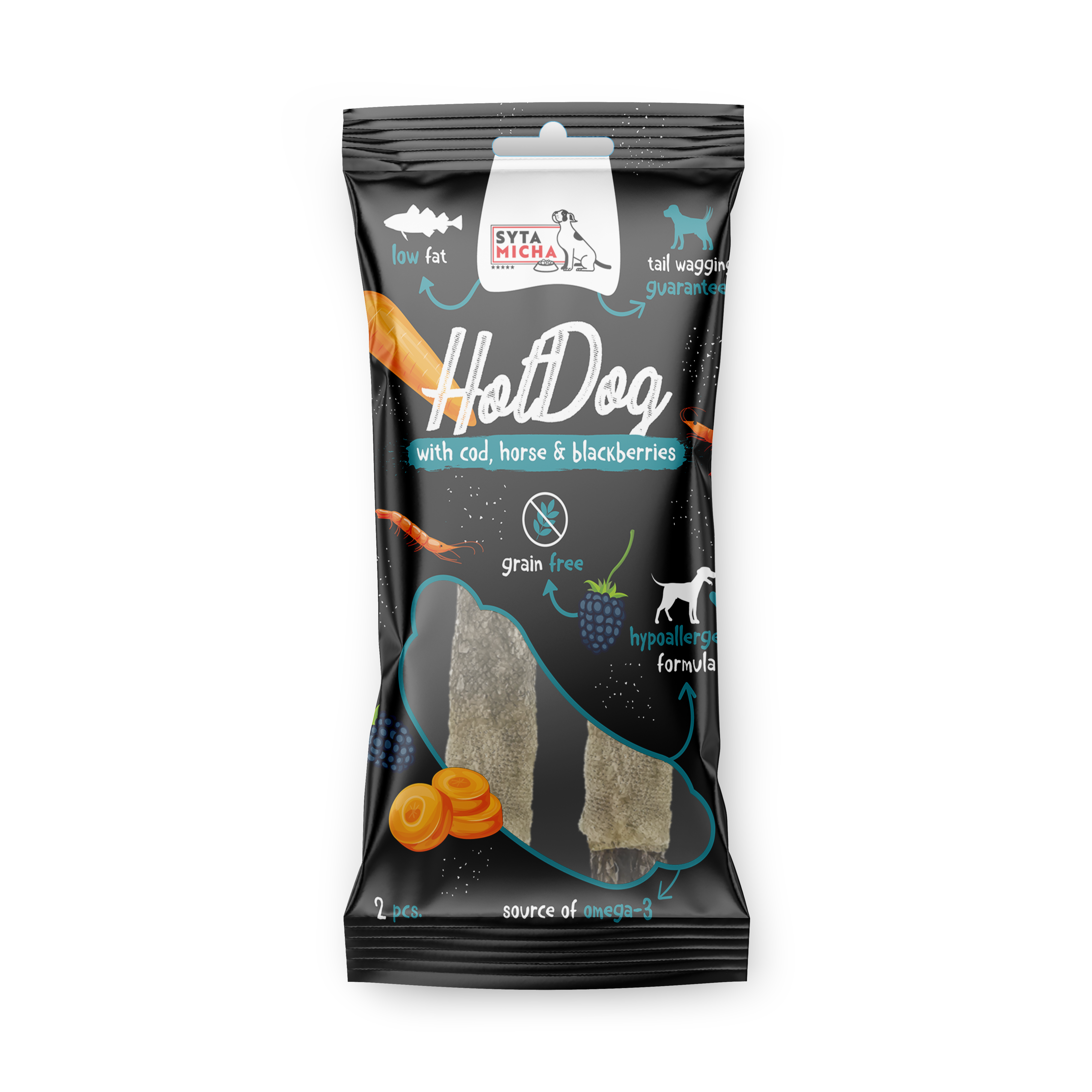 Kauw-Hotdog voor hond - paardenvlees met bramen in kabeljauwvel 2 stuks