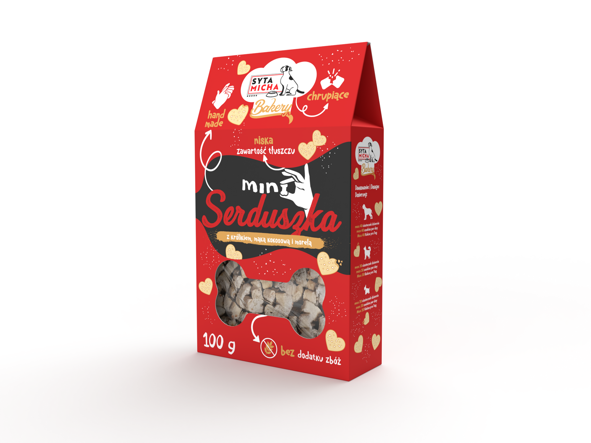 Syta Micha Bakery Mini szívek nyúlhússal, kókuszliszttel és sárgabarackkal 100g