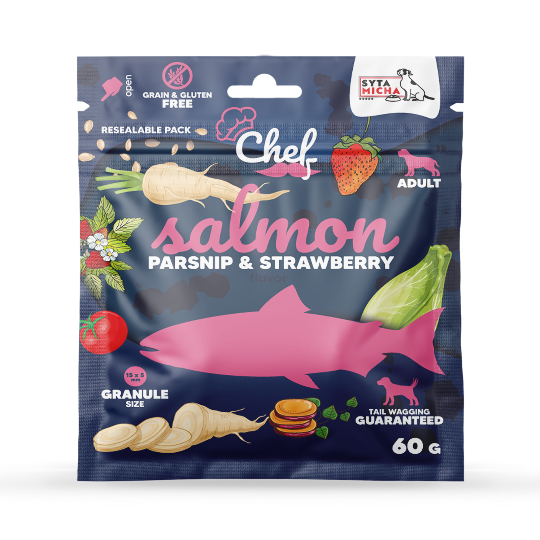 ÉCHANTILLON Nourriture sèche pour chien Saumon, panais et fraise 60g