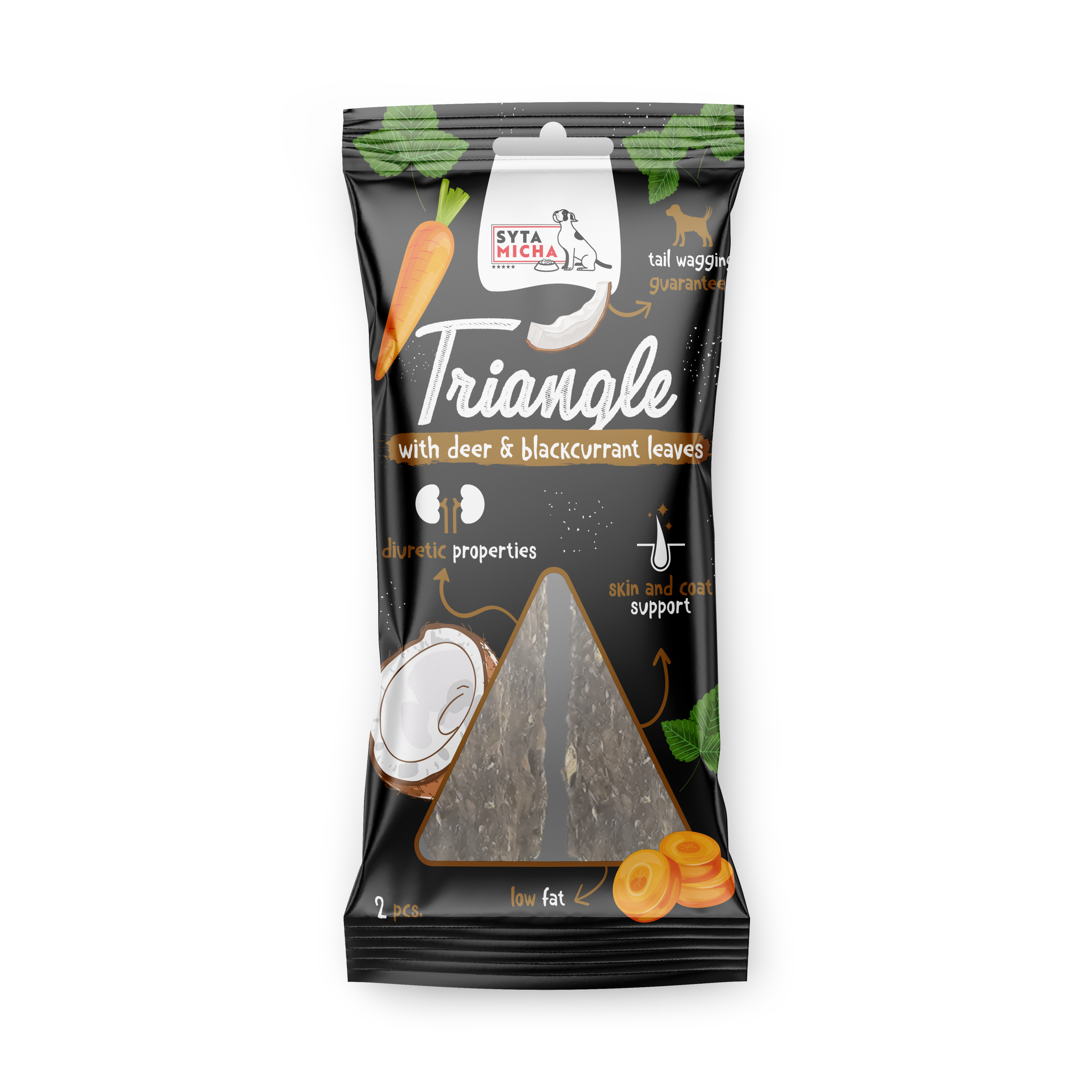 Kauwhoek voor hond - hert met kokos en zwarte bes bladeren 2 stuks